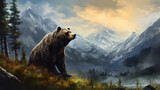 Fototapeta  - Bear in a Forest with mountains Oil Painting artwork 