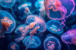 Jellyfish Ballet Beneath the Waves. A swarm of jellyfish undulating under dappled sunlight