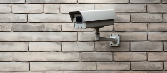 Poster - A security camera is installed on the grey brick wall of the building, overlooking the rectangular window and wooden flooring