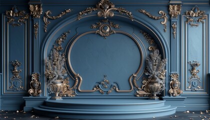 Wall Mural - empty Podium and baroque gold motifs on blue background, elegant style, used for displaying products