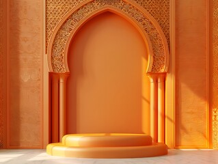 Wall Mural - Podium with arch for product display. Ramadan concept, Eid mubarak, orange background. copy space, mockup. 