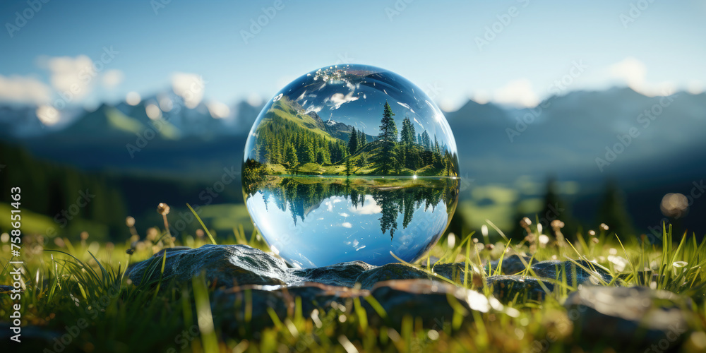 Crystal globe on the grass against green nature background. Environment ...
