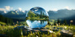 Crystal globe on the grass against green nature background. Environment Earth Day. Ecology. Save clean planet