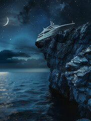 Wall Mural - cruise ship stuck on the edge of rock cliff in the blue midnight with stars and crescent moon
