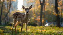 A Young Spotted Deer Stands In A Grassy Park With Trees During Sunset; Warm Light Filters Through The Foliage, Creating A Tranquil And Picturesque Scene.