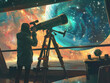 A captivating futuristic image of a woman using a telescope to observe a vibrant, swirling galaxy, symbolizing human curiosity and the quest for knowledge