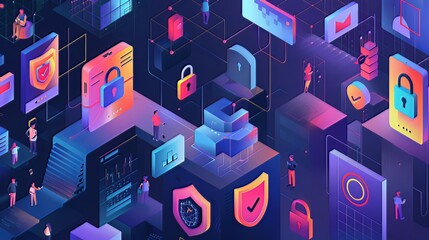 Wall Mural - Cybersecurity and Privacy: Visual representations of cybersecurity concepts, encryption, digital security measures, and privacy protection, often featuring padlocks, shields.