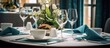 Dining options in upscale hotel with table settings for meals and beverages.