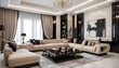 lap of luxury with a modern and luminous living room boasting a clean and sophisticated design punctuated by elegant nude and black accents