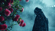 AI Generated Image. Pensive and dreamlike Asian man under the rain and pink flowers on a foreground