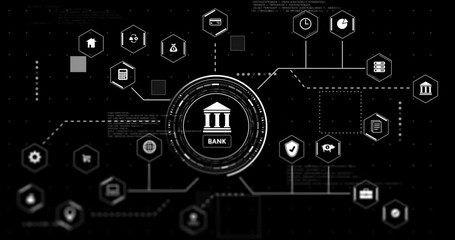 Wall Mural - Animation of bank and business icons with data processing over black background