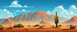 A desert scene with a cactus and mountains in the background