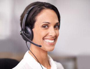 Sticker - Happy woman, consultant and face with headphones at call center for customer service or support at office. Female person, agent or employee with smile for online advice or consulting at workplace