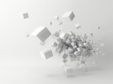An array of white cubes in various sizes exploding outwards against a plain background.