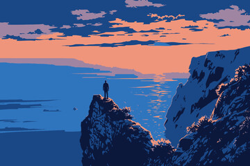 Wall Mural - Illustration Man on Top Of Hill Waiting For Sunset