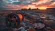 Barren wasteland rusted machinery scattered dull red sunset