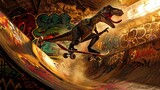 Fototapeta  - A velociraptor skateboarder showing off skills amidst alien graffiti set in an urban halfpipe as dusk sets in.