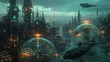 Futuristic submarine city neon lights glass domes whales swimming above dusk lighting