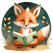 Cute little fox is reading a book. Drawing for children