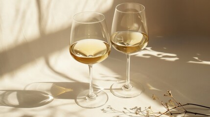 Wall Mural - Two glasses beverage with shadow on natural light brown background