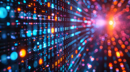 Abstract digital grid with glowing binary code and futuristic technology concept