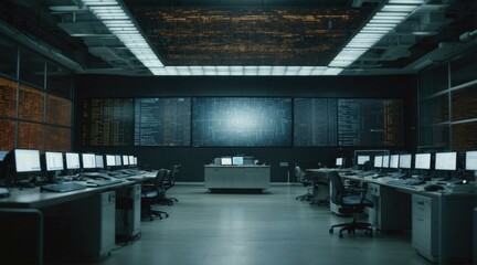 Poster - A large room with a lot of computers and monitors on the wall. Generative AI.