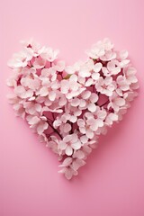 Poster - A heart shaped arrangement of flowers on a pink background. Generative AI.