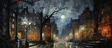 Fototapeta Fototapeta Londyn - A painting of a city street at night with trees and bu