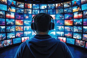 A man wearing headphones is in front of a large screen with many different images on it.