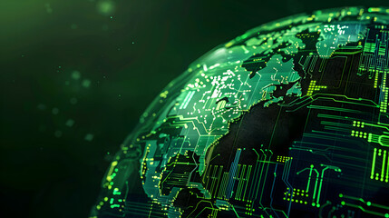 Wall Mural - a semi - opaque globe with vibrant green continents made of circuit board patterns, against a dark n