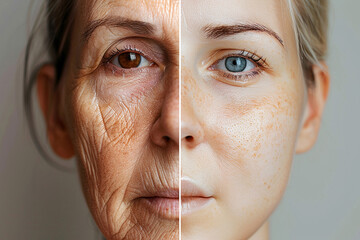 Wall Mural - photo of a side-by-side comparison showcasing the remarkable improvement in a old and young  woman's skin