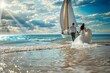 young couple heading to the yacht. A Couples Peaceful Walk Along a Pristine Tropical Beach,
