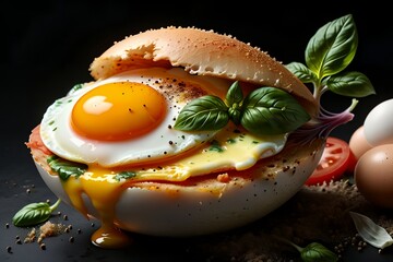 Wall Mural - fresh sandwich with lettuce leaves and fried egg with hot toasts