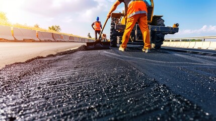 Wall Mural - Road construction crew paving fresh asphalt with heavy machinery under bright sunny conditions - AI generated