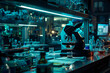 © yaqui_villegas - An advanced microscope is carefully placed on a desk amidst various laboratory items in a research facility during nighttime