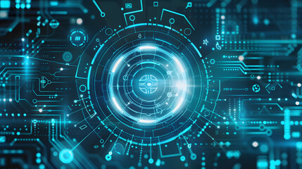 Futuristic digital interface with a central circular element with motherboard or electronic system background