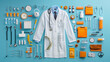 An orderly arrangement of medical supplies including a knolling of doctor's white coat, stethoscope, and various healthcare instruments on a blue background.
