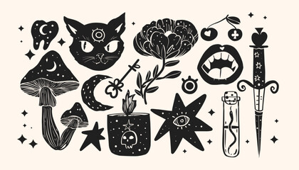 Wall Mural - esoteric things in linocut style. hand drawn vector illustration.