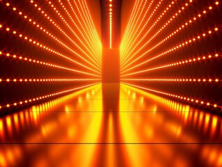 Wall Mural - Vibrant orange lights forming a symmetrical tunnel with a reflective floor, conveying energy and motion.