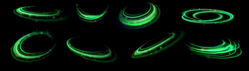 Wall Mural - Green shiny sparks of spiral wave. Curved bright speed line swirls. Shiny wavy path. Rotating dynamic neon circle. Magic golden swirl with highlights. Glowing swirl bokeh effect. vector png