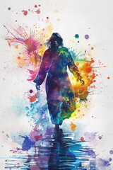 Wall Mural - Colorful splash watercolor of Jesus Christ walking on water