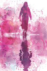 Wall Mural - Pink splash watercolor of Jesus Christ walking on water