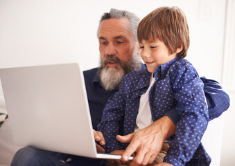 Sticker - Grandfather, laptop and boy child for elearning, playing and bonding in living room. Happy family, relax and internet for games or learning online, childhood or development or streaming on technology