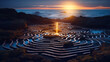 3D illustration of a beautiful sunset over the sea and a maze