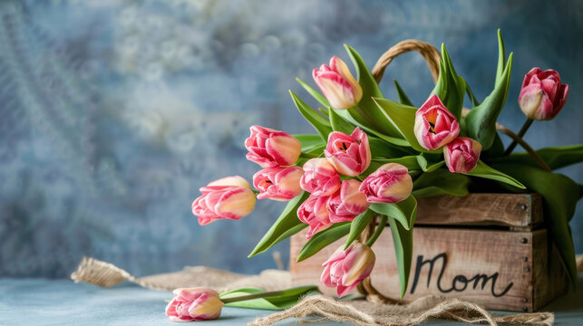 Greeting card, banner, Bouquet of tulips on the table with the text 