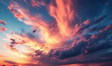 Fototapeta  - Sky at sunset, sky at sunrise, clouds, orange clouds cirrus clouds, cumulus clouds, sky gradient, sky background at dusk, twilight, nightfall, pink sky, pink clouds, sun, environment, Generative AI 