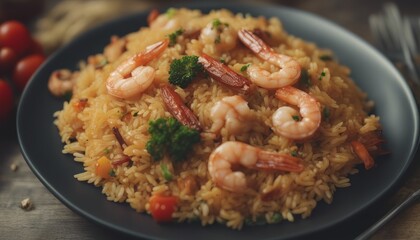 Wall Mural - Closeup of spicy cooked rice with meat, shrimp and vegetables in a plate