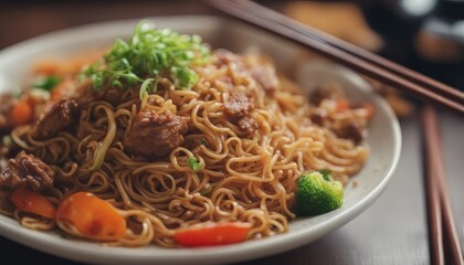 Wall Mural - Fried noodle with pork in soy sauce and vegetable