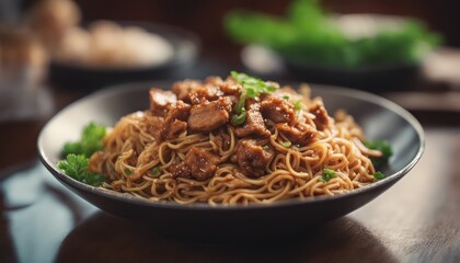 Wall Mural - Fried noodle with pork in soy sauce and vegetable