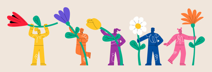 Set of man and woman stands holding a giant flower. Colorful vector illustration